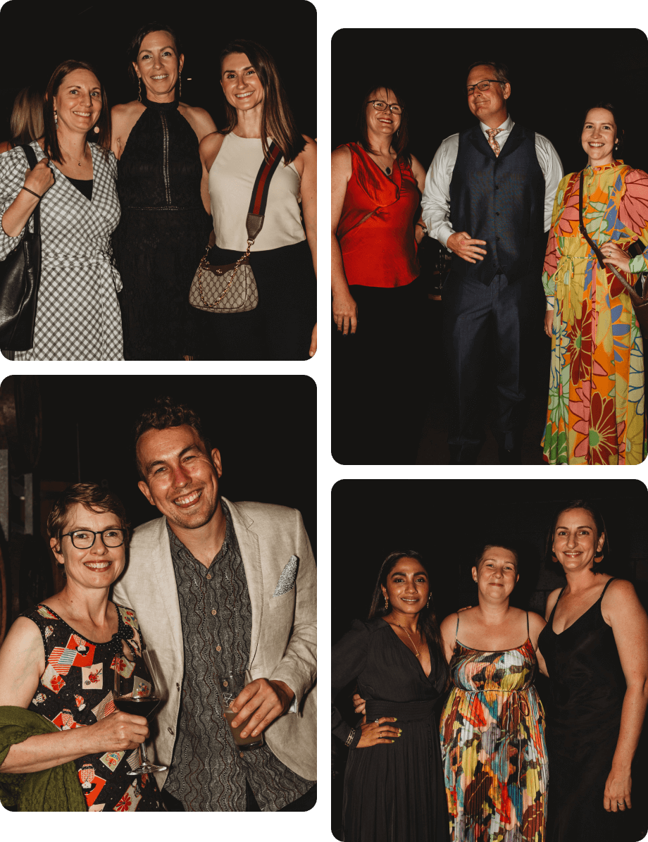 Photo collage of clients and friends at the party
