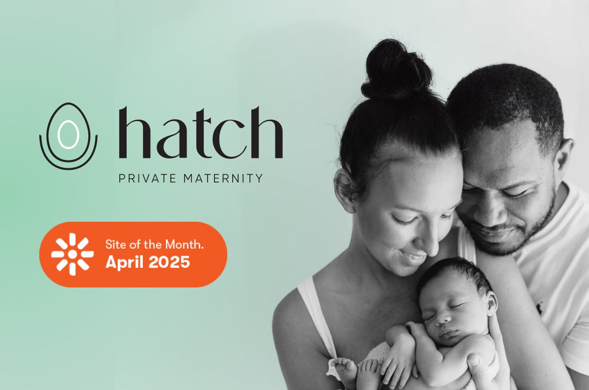 Hatch Private Maternity logo, Kentico Site of the month badge and an image of a happy couple holding a new born baby