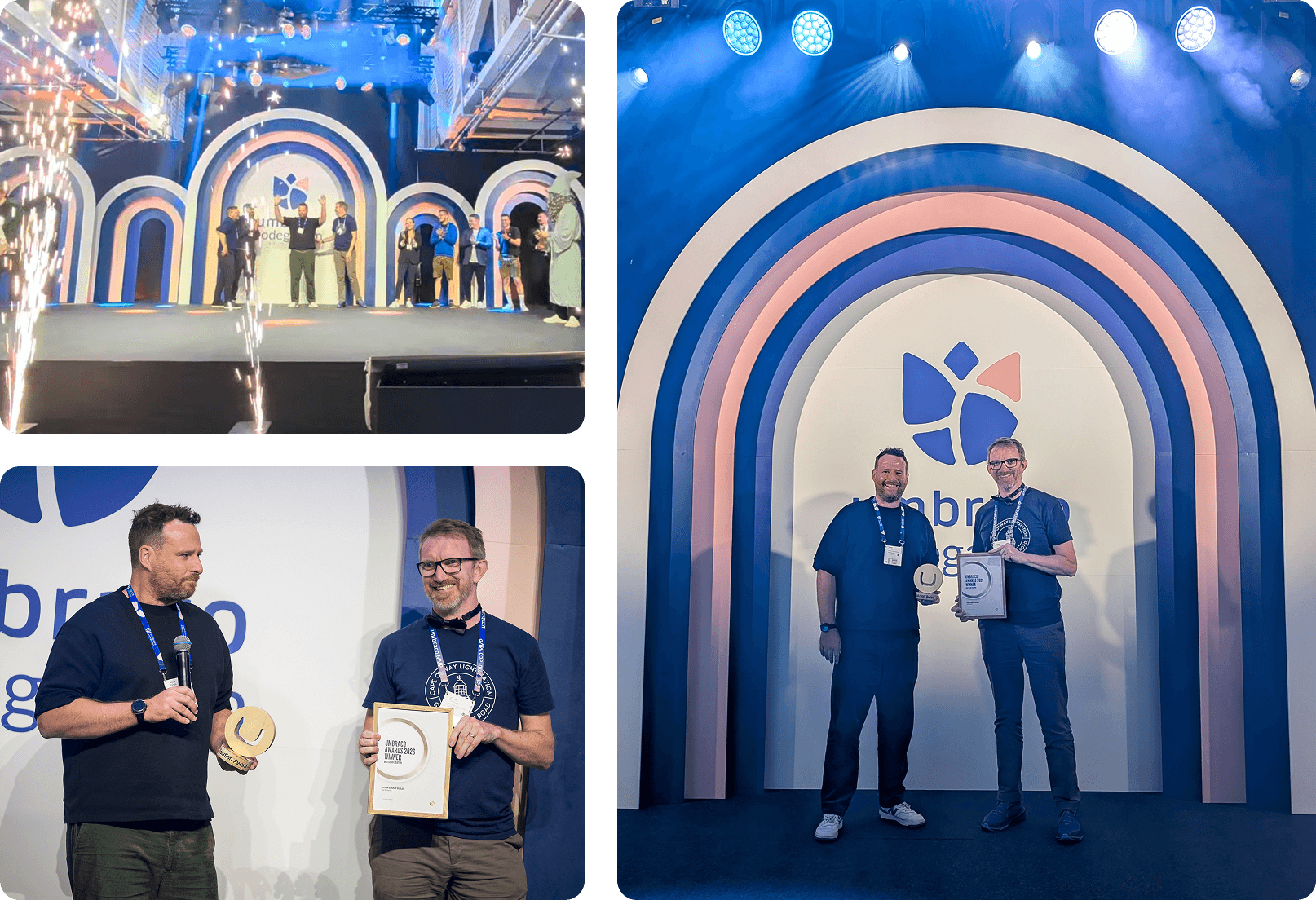 Chris and Adam accepting the Umbraco 2026 Best Cloud Solution award on stage at Codegarden