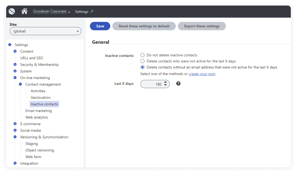 Screenshot of removing inactive contact and activity records in the Kentico Admin