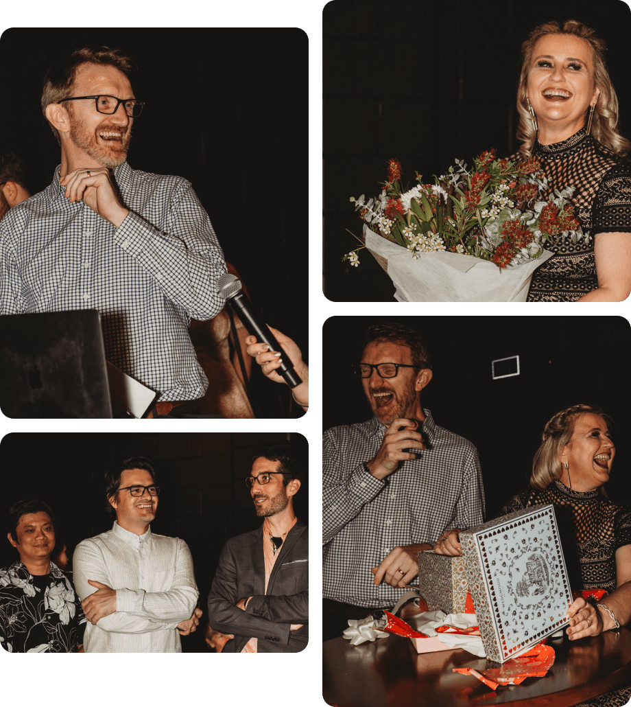 People giving and listening to a speech and receiving flowers and gifts