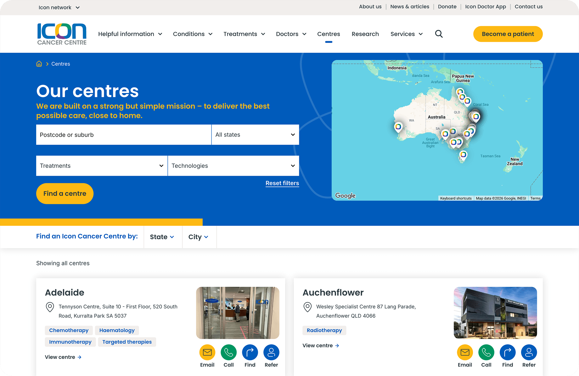 Icon Cancer Centre website centre search