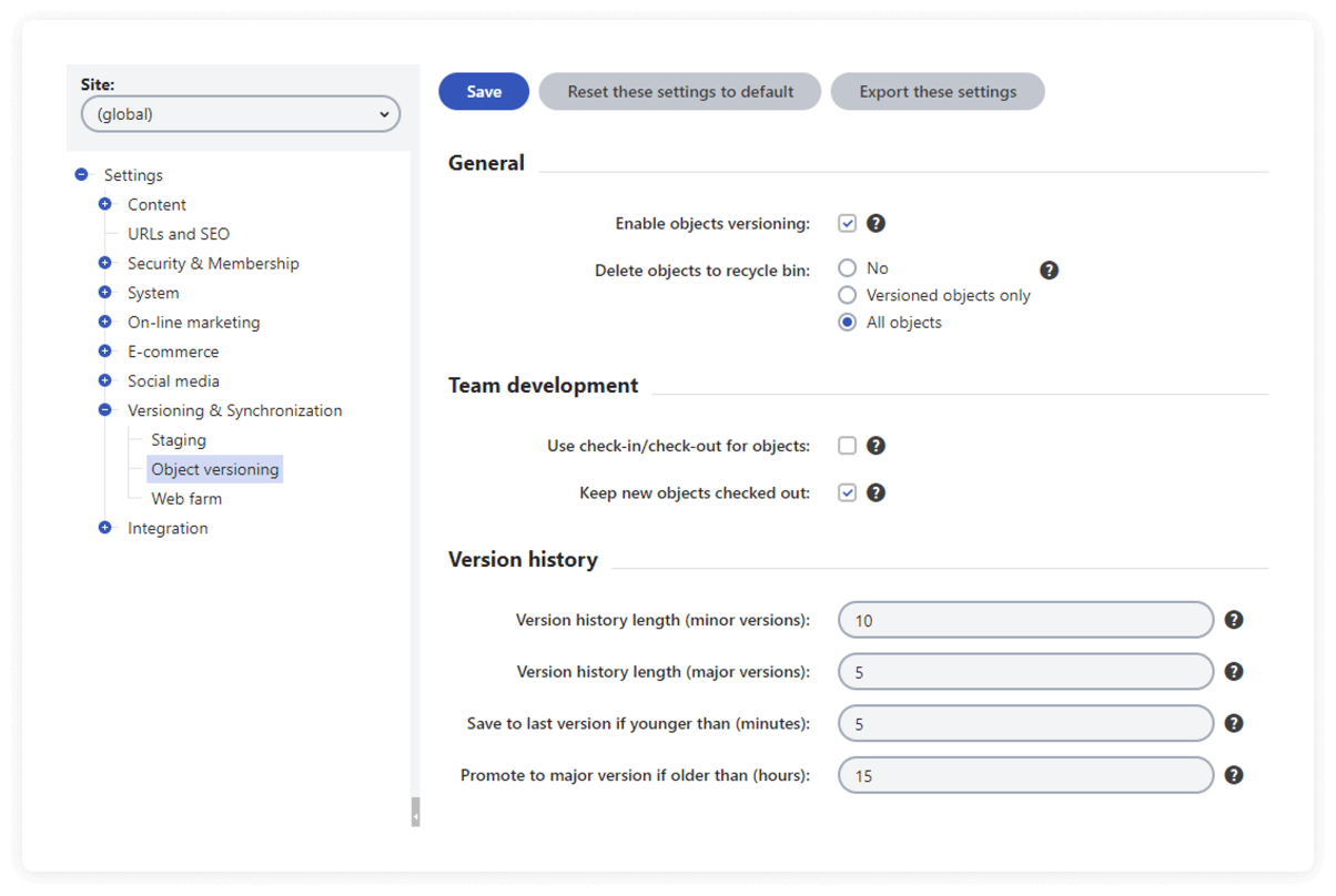 Screenshot of object versioning in the Kentico admin