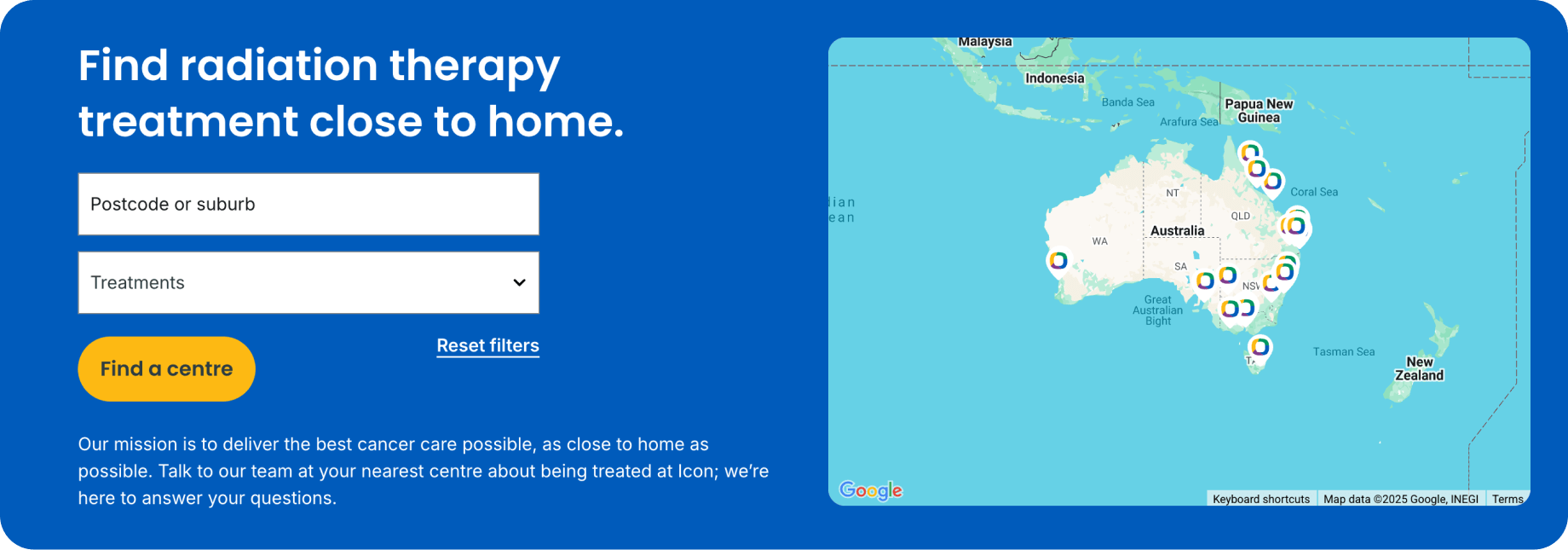 Screenshot of Icon Cancer Center website location finder