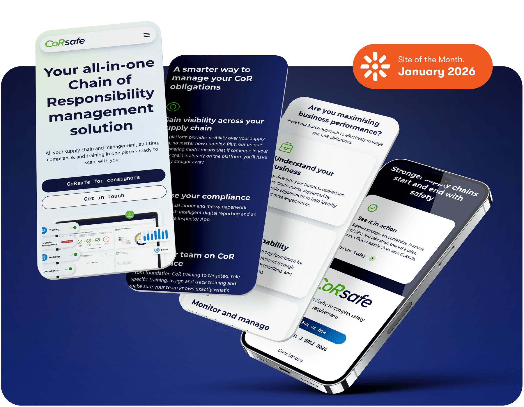 Mockup of the CoRsafe website on mobile screens with Kentico Site of the Month January 2026 badge
