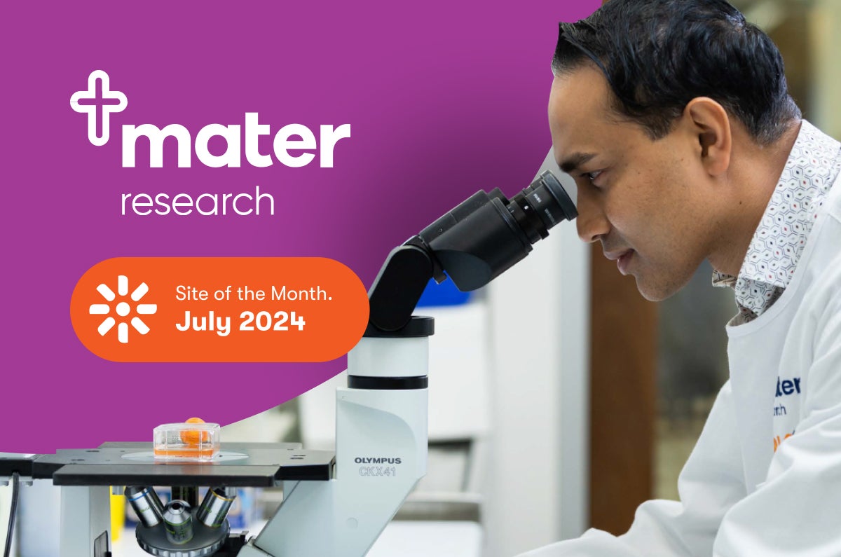 Photograph of a researcher looking through a microscope, with the Mater Research logo and Kentico Site of the Month badge overlayed