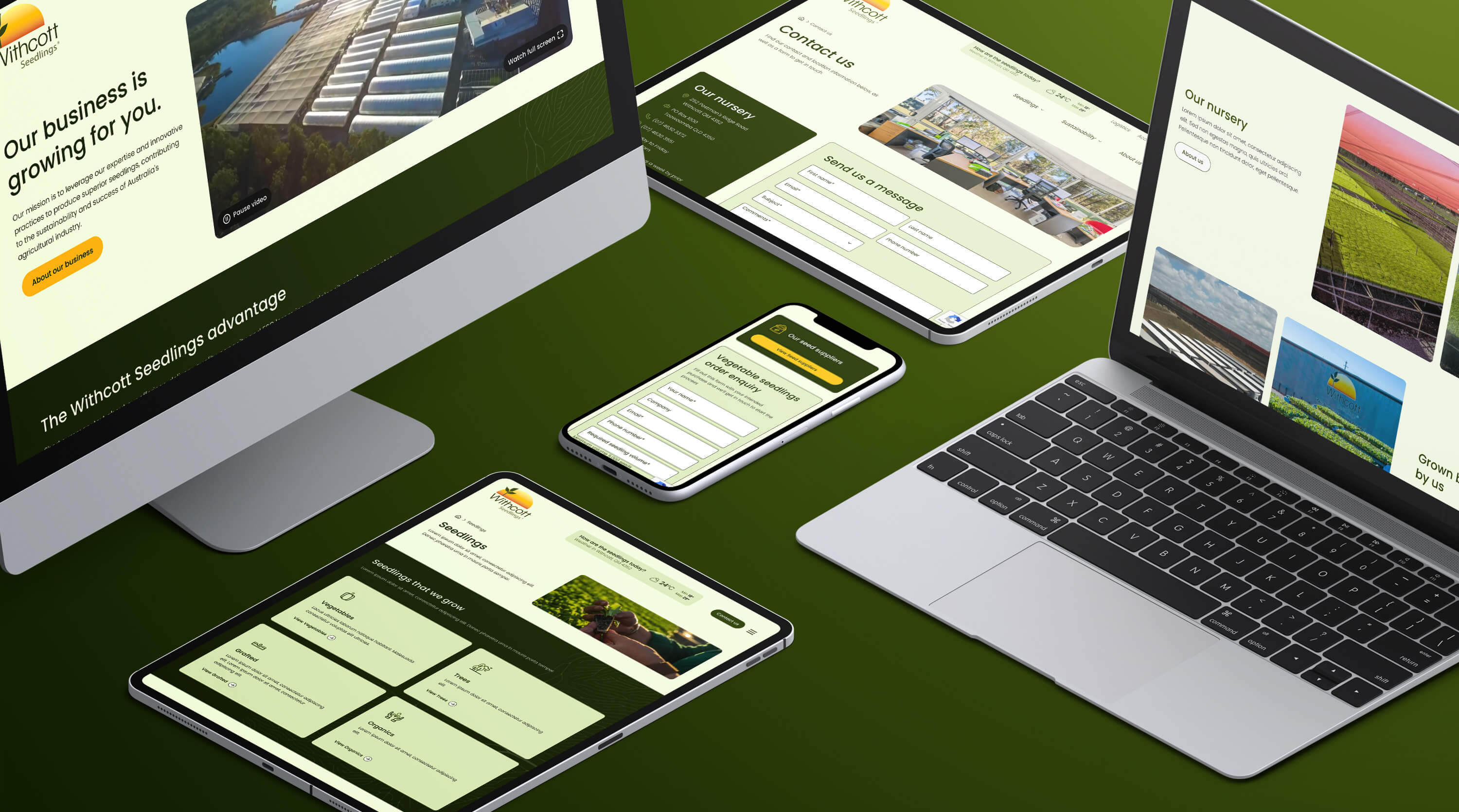 Mockup of the Witchott Seedlings website on multiple devices