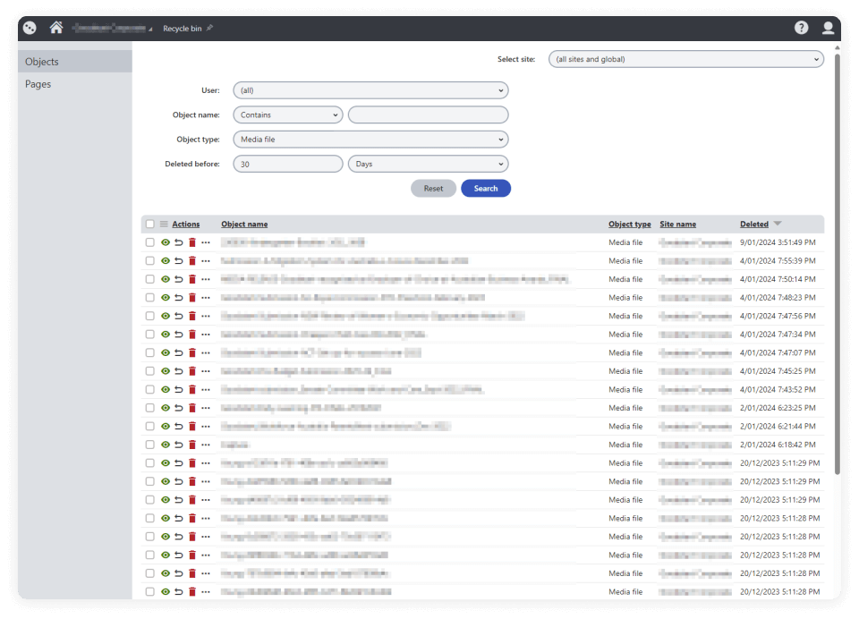 Screenshot of Clearing objects from the recycling bin in the Kentico admin