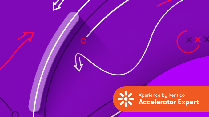 Abstract timeline illustration with the Xperience by Kentico Accelerator expert badge