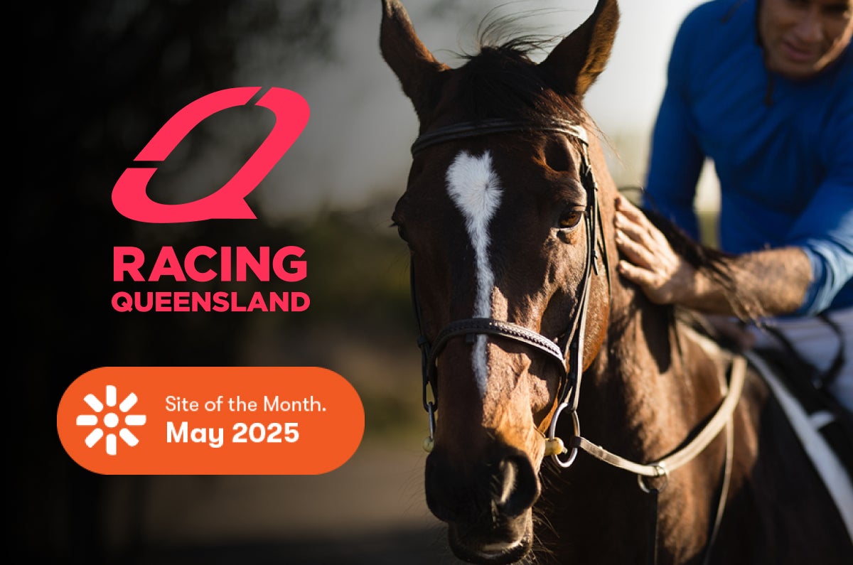Racing Qld logo, site of the month badge, overlaying an image of a horse being patted by it's rider