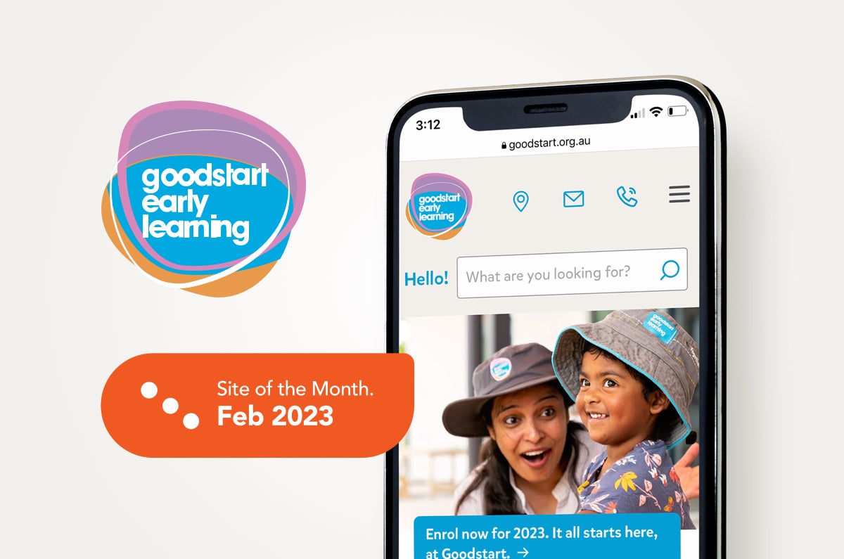 Goodstart Early Learning website mocked up on a mobile phone next to the Goodstart logo and Kentico Site of the Month badge