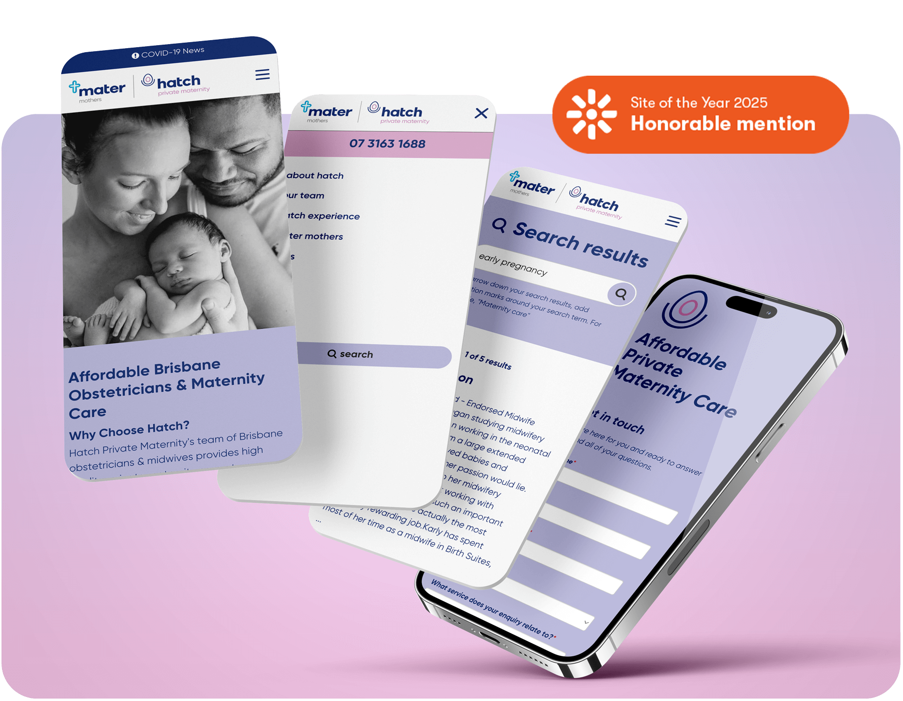 Mockup of the Hatch Maternity website on a mobile device, alongside the Kentico Site of the Year 2025 Badge