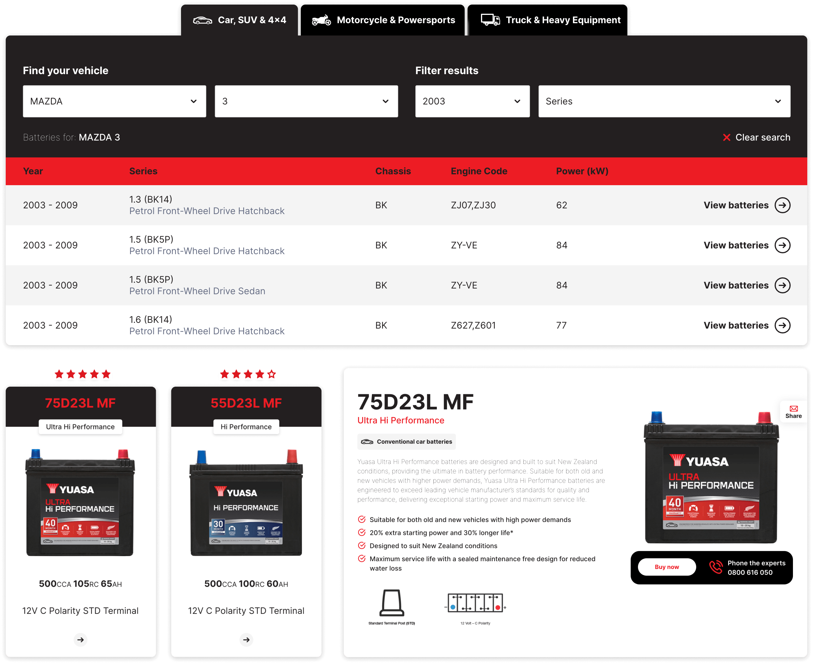 Battery Zone website battery finder user journey