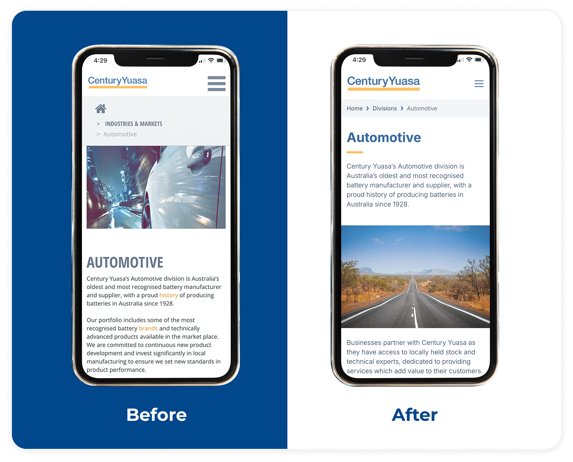 Before and after of the CYB corporate website on mobile devices