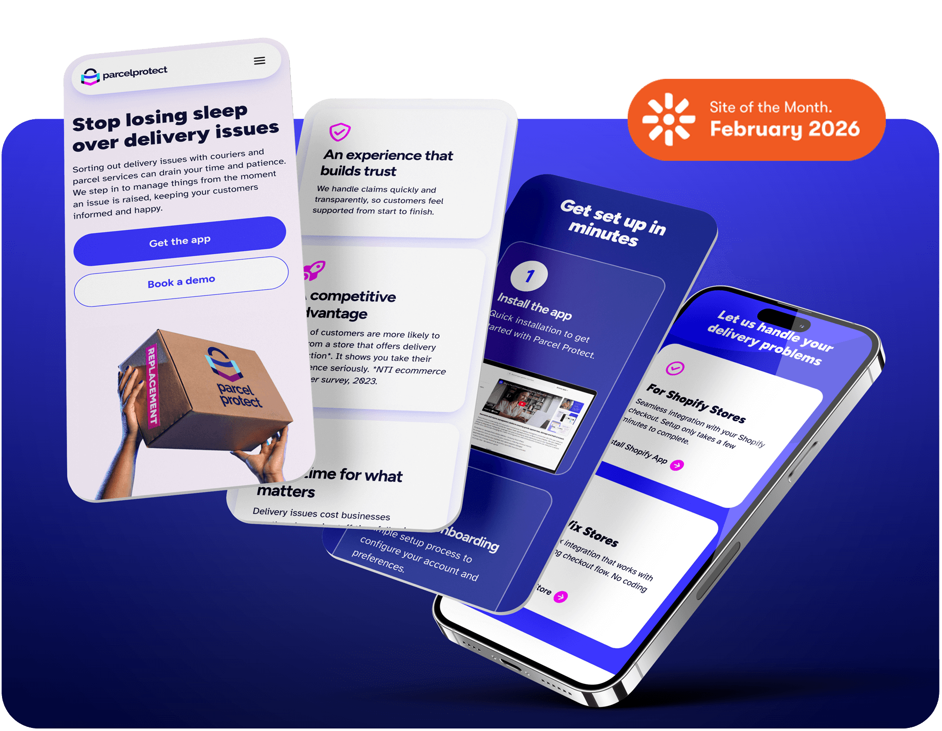 Mockup of the Parcel Protect website on mobile devices