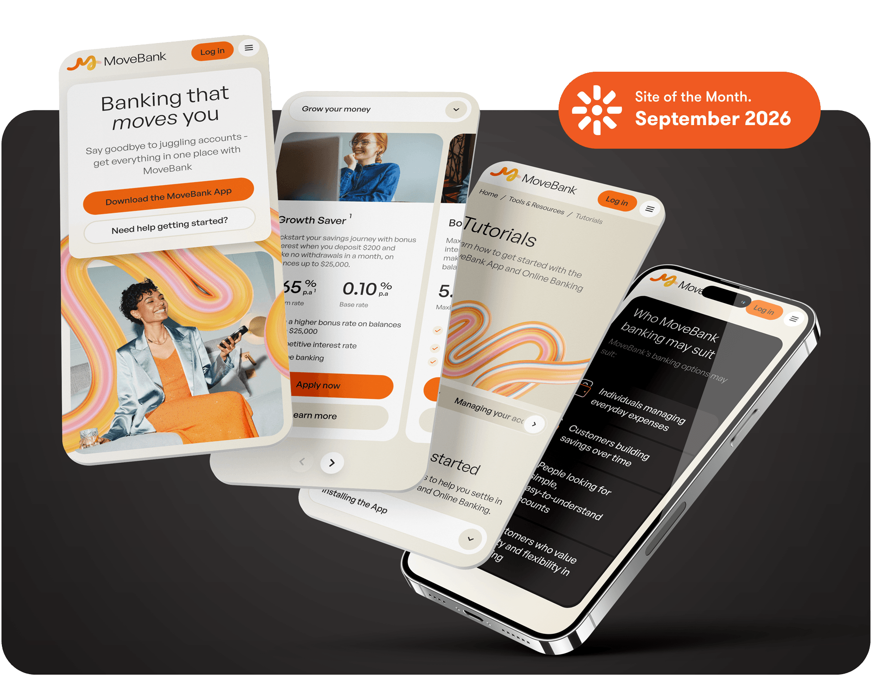 MoveBank website mockup on mobile screens